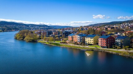 Sunny day over Nidelva River and NTNU Gl?shaugen Campus with colorful houses and apartments , Trondheim.