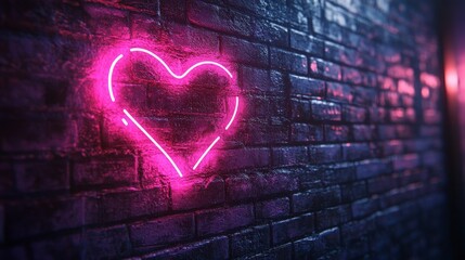 Bright neon heart sign on a red brick wall background