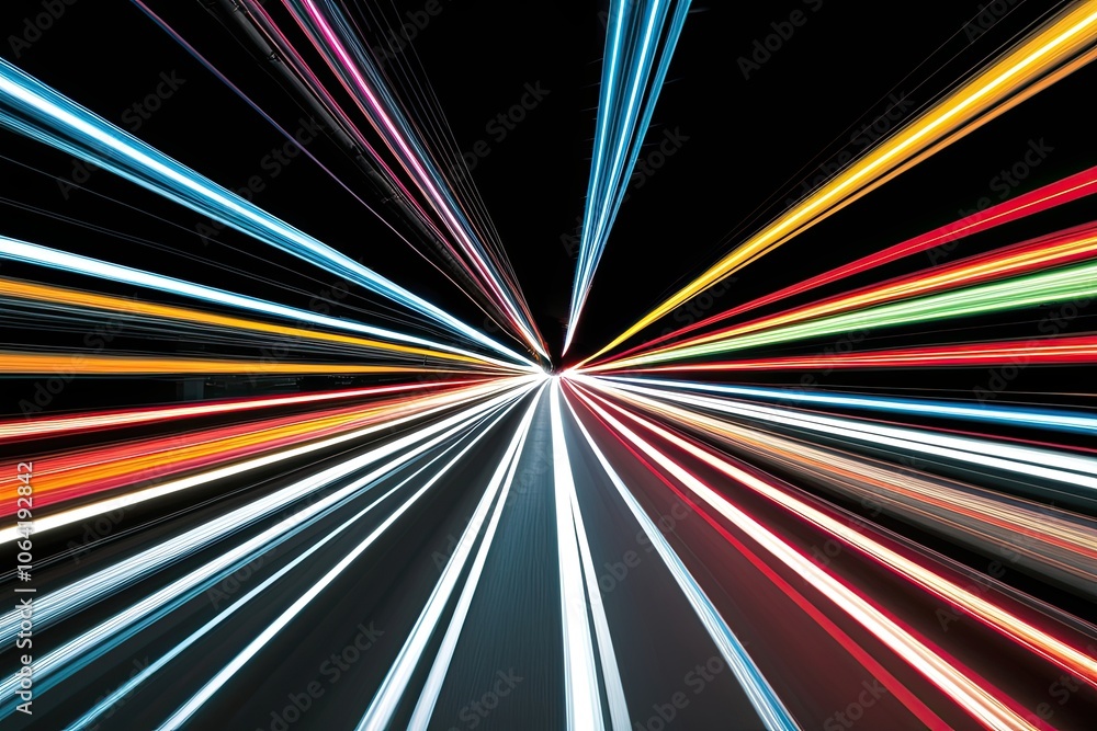 Poster vibrant light trails creating dynamic motion effect on dark background