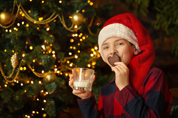 Happy Christmas Child in Santa Hat drinking Milk with Ginger Cookie next to Xmas tree at Home on Christmas Eve. Merry Christmas Celebration with Family