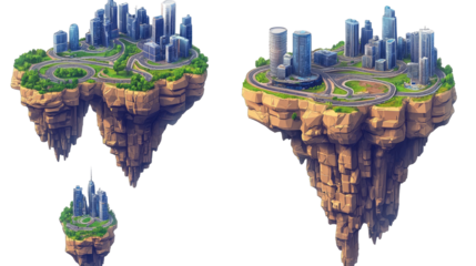 Flying Islands With Modern Cities and Winding Roads at Sunset Generative AI