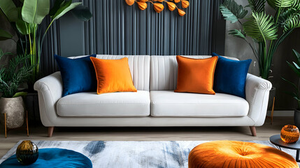 Modern living room interior design featuring soft furnishings and plants