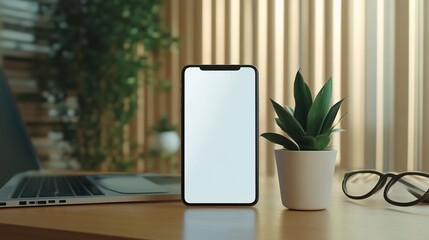 Modern smartphone with blank screen on a desk with a laptop, plant and glasses.