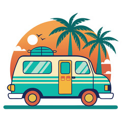 Fototapeta premium illustration of a van with a coconut tree beach