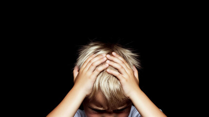 Fototapeta premium Child with blond hair holds head in hands against black background. Concept of stress or frustration.
