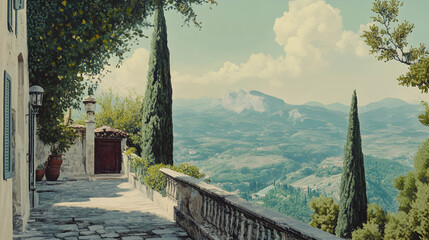 Retro Landscape of Italy in the 1970s . illustration