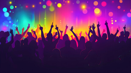 Vibrant Energy of Music Festivals: Crowds Dancing Under Colorful Lights . illustration