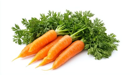 Macro shot of crisp, fresh carrots, bright orange with green tops, isolated on white background, ideal for healthy food ads, high detail focus