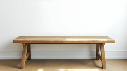 Wooden table mockup against a white wall, creating a professional showcase for products