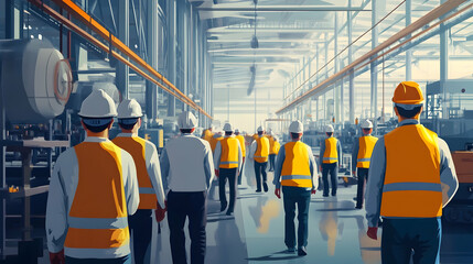 Workers in a Factory from the Back View . illustration