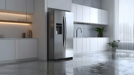 A leaking refrigerator in a modern kitchen, showing water pooling on the floor . illustration