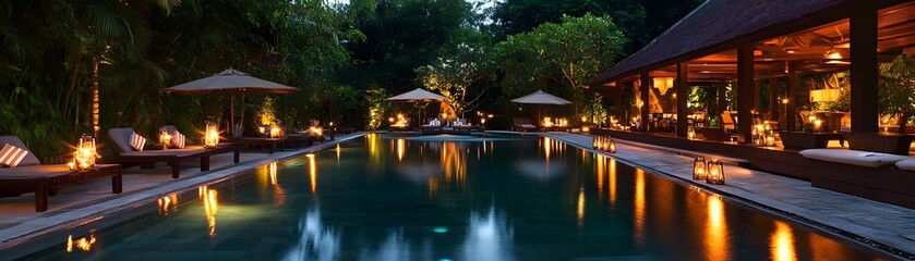 Fototapeta premium A Tranquil Evening at a Tropical Resort with a Pool and Lanterns