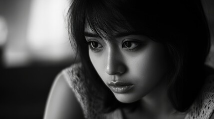 Fototapeta premium Emotive Portrait of Asian Woman with Gaze Off-Camera