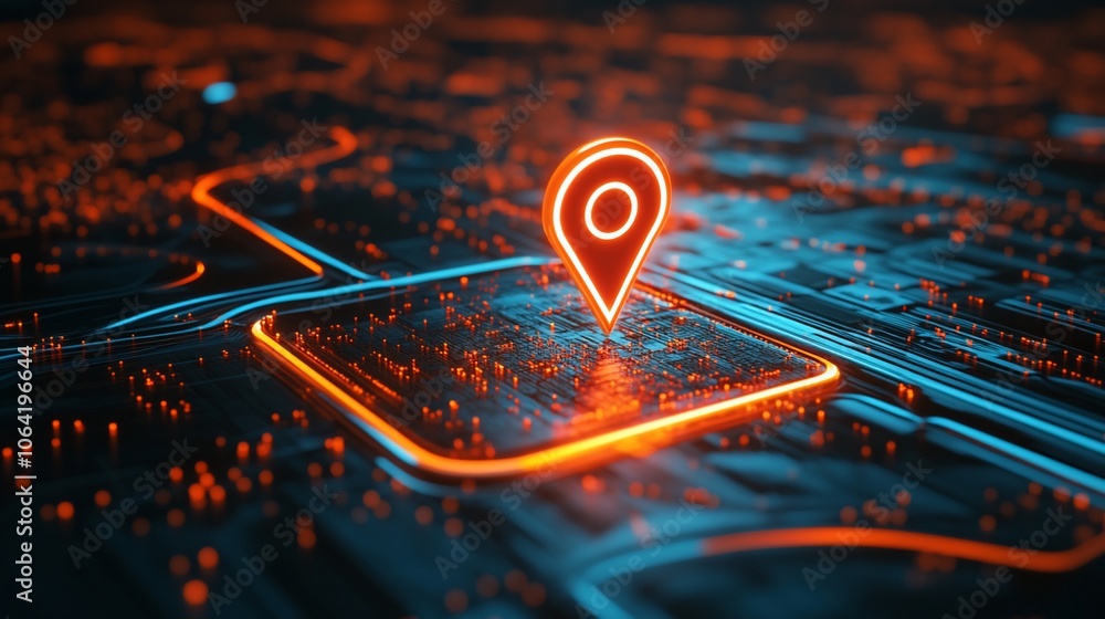 Poster a glowing location pin icon on a futuristic circuit board, representing digital location tracking an