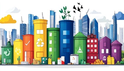 Fototapeta premium Colorful cityscape illustration featuring sustainable buildings with green energy symbols and urban skyline in the background.