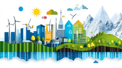 Colorful cityscape integrating nature and sustainability with renewable energy, mountains, and urban buildings under a bright sky.