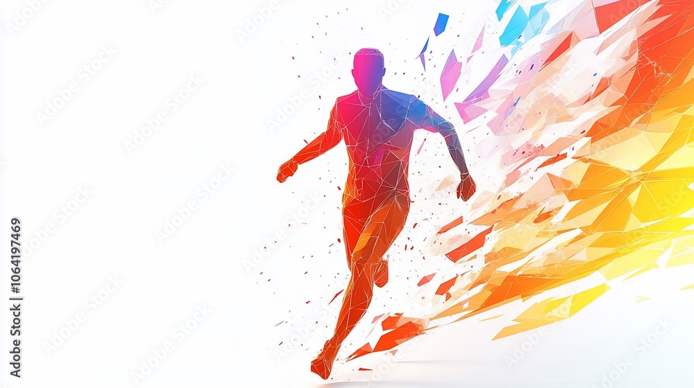 Poster abstract silhouette of a runner with colorful geometric patterns in the background.
