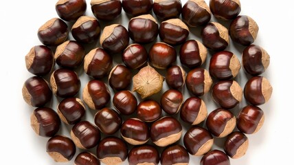 Top view of scattered acorns on white background with autumn feel