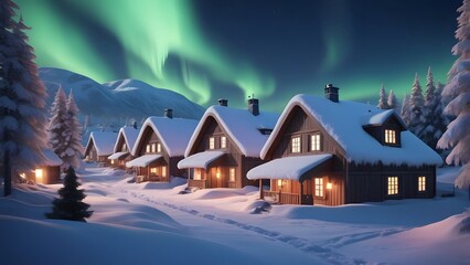 Snowy Village Under Northern Lights – A cozy anime village blanketed in fresh snow, set under a dark sky illuminated by the northern lights.