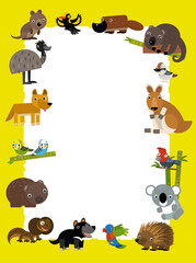 cartoon scene with frame border template with african animals like kangaroo koala dingo tasmanian devil emu duck platypus parrot birds and other with space for text illustration for children