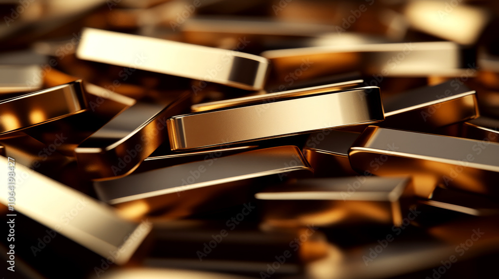Poster shiny gold bars are stacked in a pile creating a reflective surface. concept of wealth and prosperit