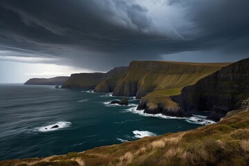 Breathtaking Coastal Cliffs and Rugged Landscapes Beneath a Dramatic Stormy Sky