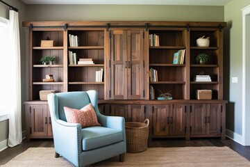 Rustic Wood Bookcase and Inviting Armchair in a Cozy Family Room