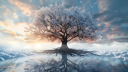 A tree with spring branches and winter roots