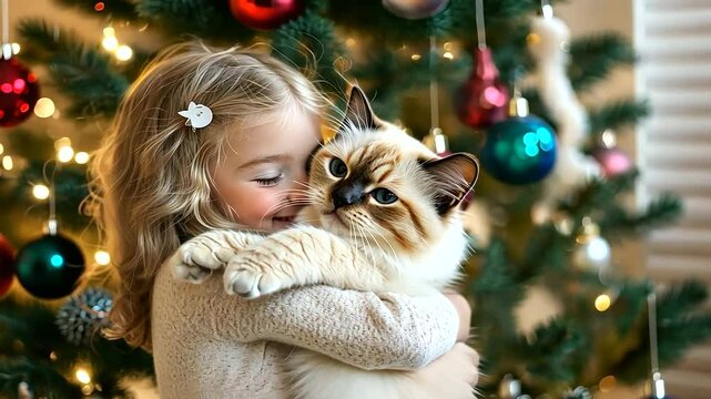 A joyful child hugging a fluffy Birman cat in front of a beautifully decorated Christmas tree. Happy New Year and Merry Christmas 2025