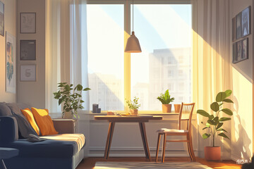 Modern living room interior with chairs and dining table