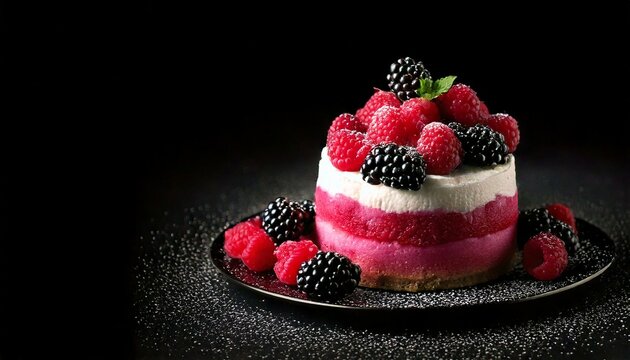 pastel de fresas con mora sobre fondo negro