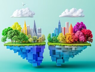 Colorful floating islands with urban skyscrapers and lush trees, symbolizing harmony between nature and city life under a blue sky.