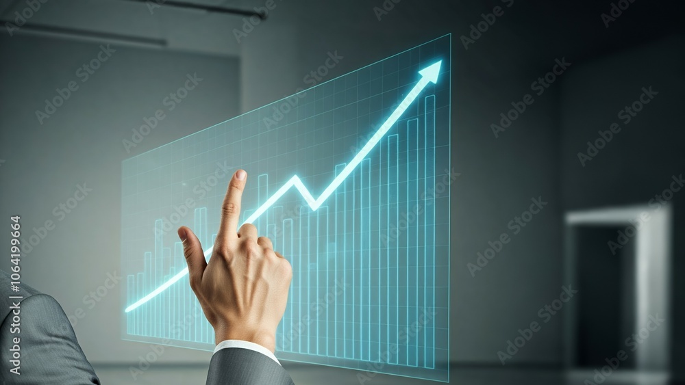 Poster person pointing at a rising trend line on a transparent digital graph display.
