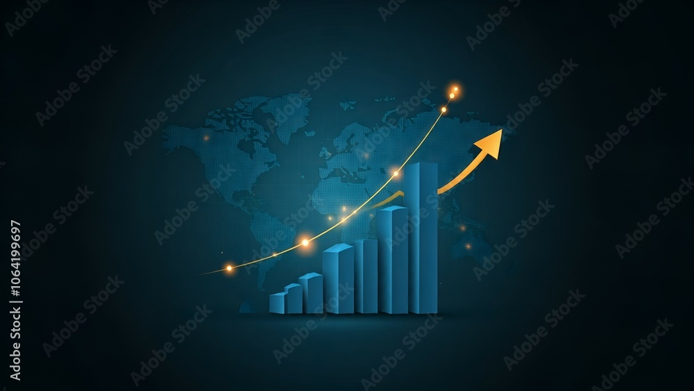 Poster graphical representation of economic growth with rising bar graph and upward arrow on world map back