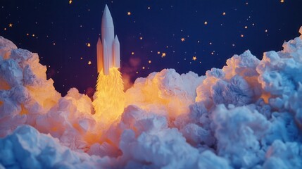 Artistic paper model of a rocket launch with layered clouds and night sky background