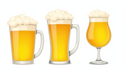 Illustrated glass of beer clipart set on white, showcasing different beer glasses with golden foam