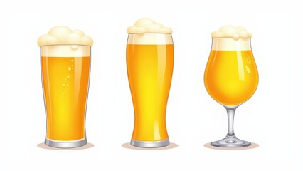 Detailed glass of beer clipart with different glasses, including pint, mug, and tulip styles on white