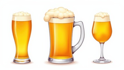 Beer mug clipart with foam alongside a pint and tulip glass on a clear white background