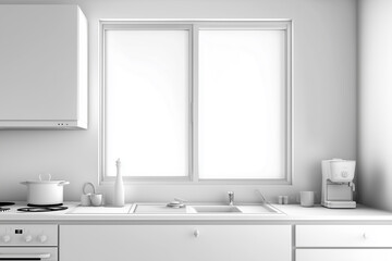 Fototapeta premium White home kitchen interior with cooking cupboards and mock windows
