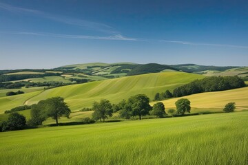 Fototapeta premium Vibrant Summer Landscape of Green Grass Rolling Hills and Clear Blue Sky