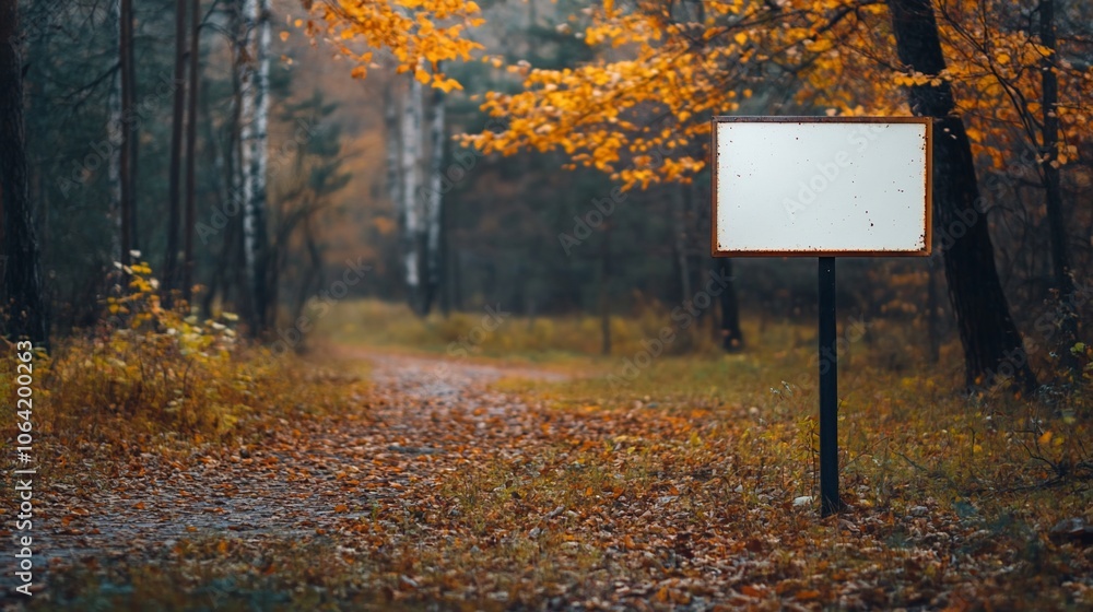 Poster blank signpost in autumn forest with copy space.