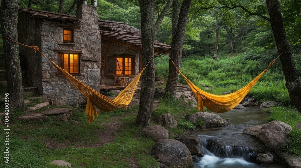 Poster a rustic stone cottage with a porch and two hammocks hanging between trees near a flowing stream in 