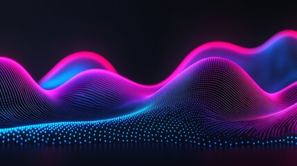 Abstract Neon Blue and Pink Wavy Lines with Dots on Black Background
