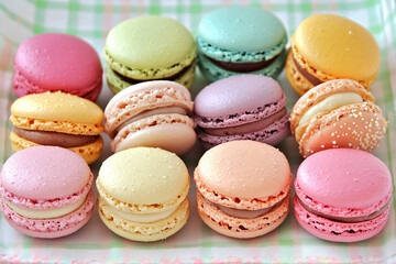 Fototapeta premium Elegant Macaron Dessert Collection for Culinary Art, Food Photography, and Celebration-Themed Design Projects – Ideal for Bakeries, Cafés, and Gourmet Marketing