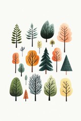 Colorful illustration of various trees with distinct shapes and sizes, showcasing seasonal foliage on a clean background.