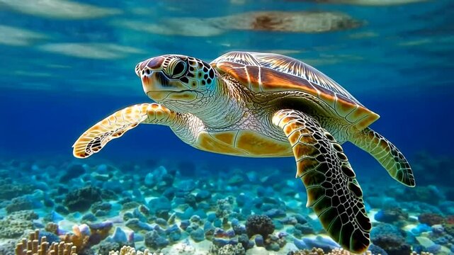 A sea turtle swimming underwater in a clear, tropical ocean above a coral reef.