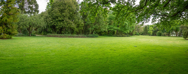 Panoramic view of a large grass field with a well-tended neat lawn against mature trees. Background...