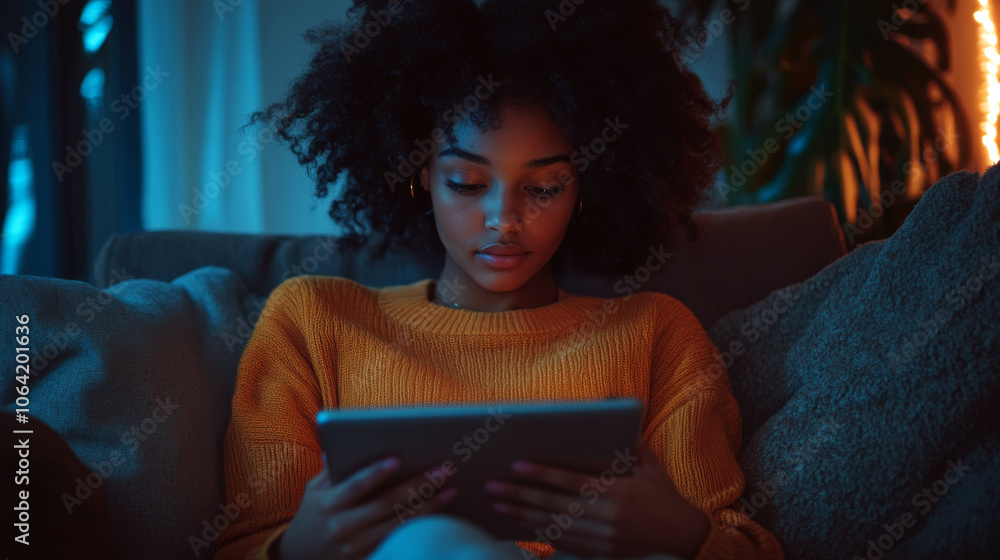 Poster a woman sits on a couch using a tablet with focused attention. concept of relaxation and technology 