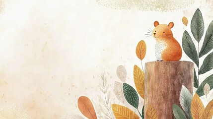   A mouse perched atop a wooden post, amidst vibrant foliage and a lone sprig of grass