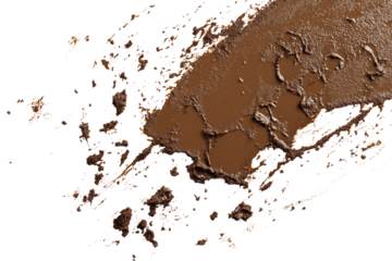 Close-up view of dark brown makeup brush stroke on isolated transparent background. Bristles point to top right, creating depth and perspective. Downward motion stains texture isolated on white.